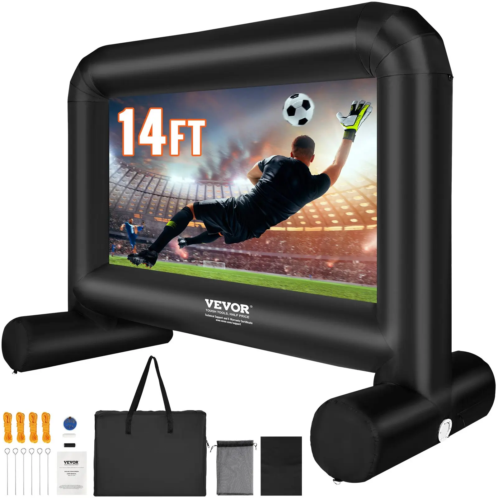 VEVOR qc-168 Model 14ft High-Res Portable Wrinkle-Free Oxford Cloth Inflatable Projector Screen, Low-Noise Blower, Carrying Bag, Front-Rear Projection, Quick Installation, Wide-Angle for Family, Neighbors Outdoor Parties