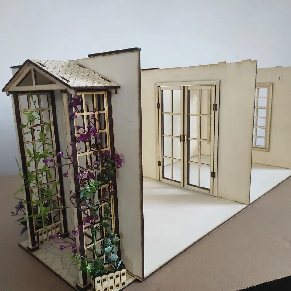 Large dollhouse with porch. Dollhouse diorama for dolls scale 1/6. Dollhouse with miniature porch. Tiny porch miniature house