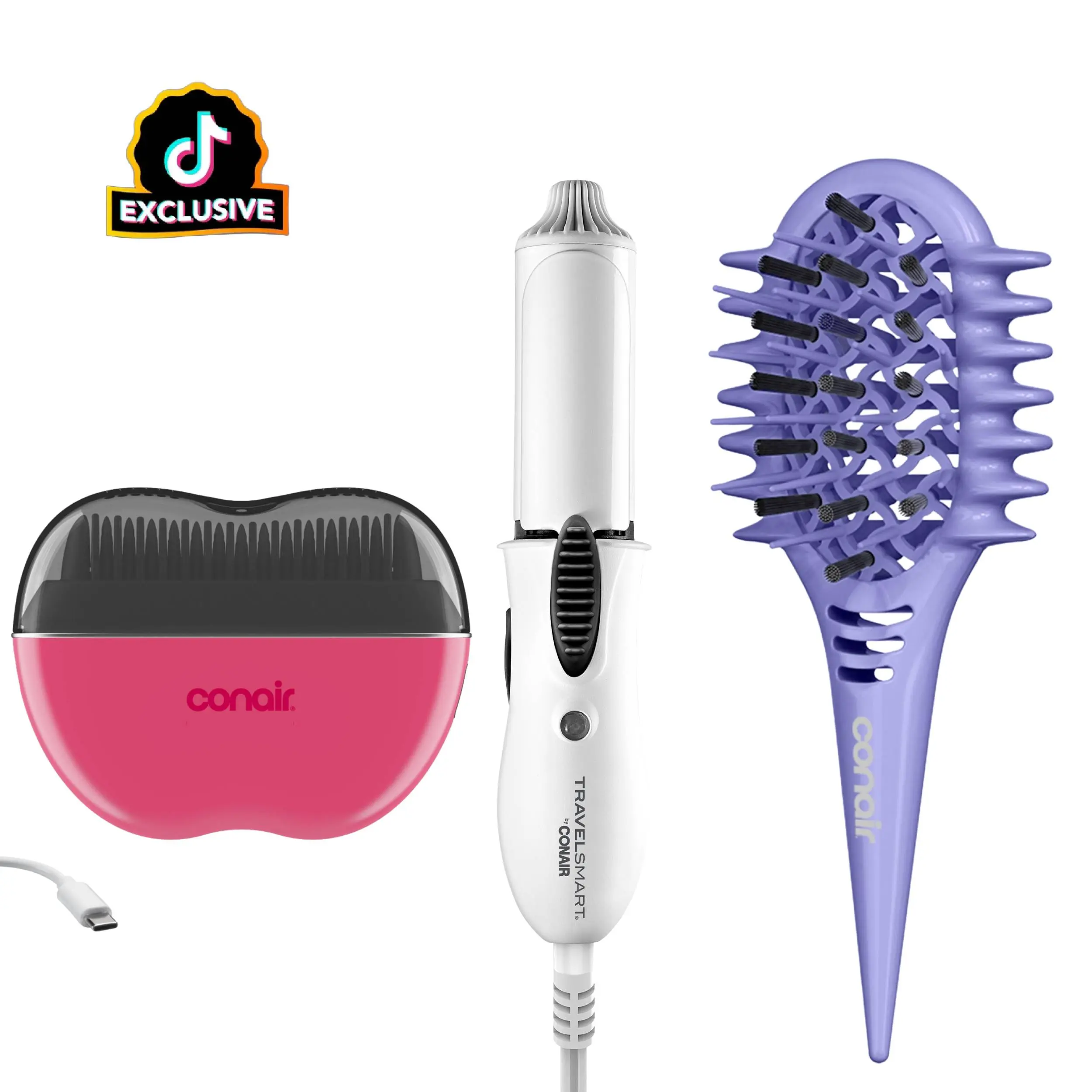 Conair Travel Touch-Up Bundle: Mini Ceramic Curling Iron, Cordless Heated Straightening Brush and Mini Brush