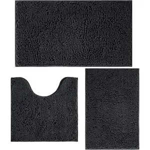 3-piece bathroom rug set, non-slip bath mat with PVC backing, super absorbent and washable plush rug, suitable for bathroom, bedroom, kitchen home decor, soft long-pile rug (dark gray)
