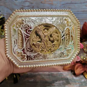 Centenario Belt Buckle Faux Mexican Peso Design with Central Emblem, Cushion shape  Style, and Decorative Elements, Unisex, Metal, 4.5 x 3.5 Inches