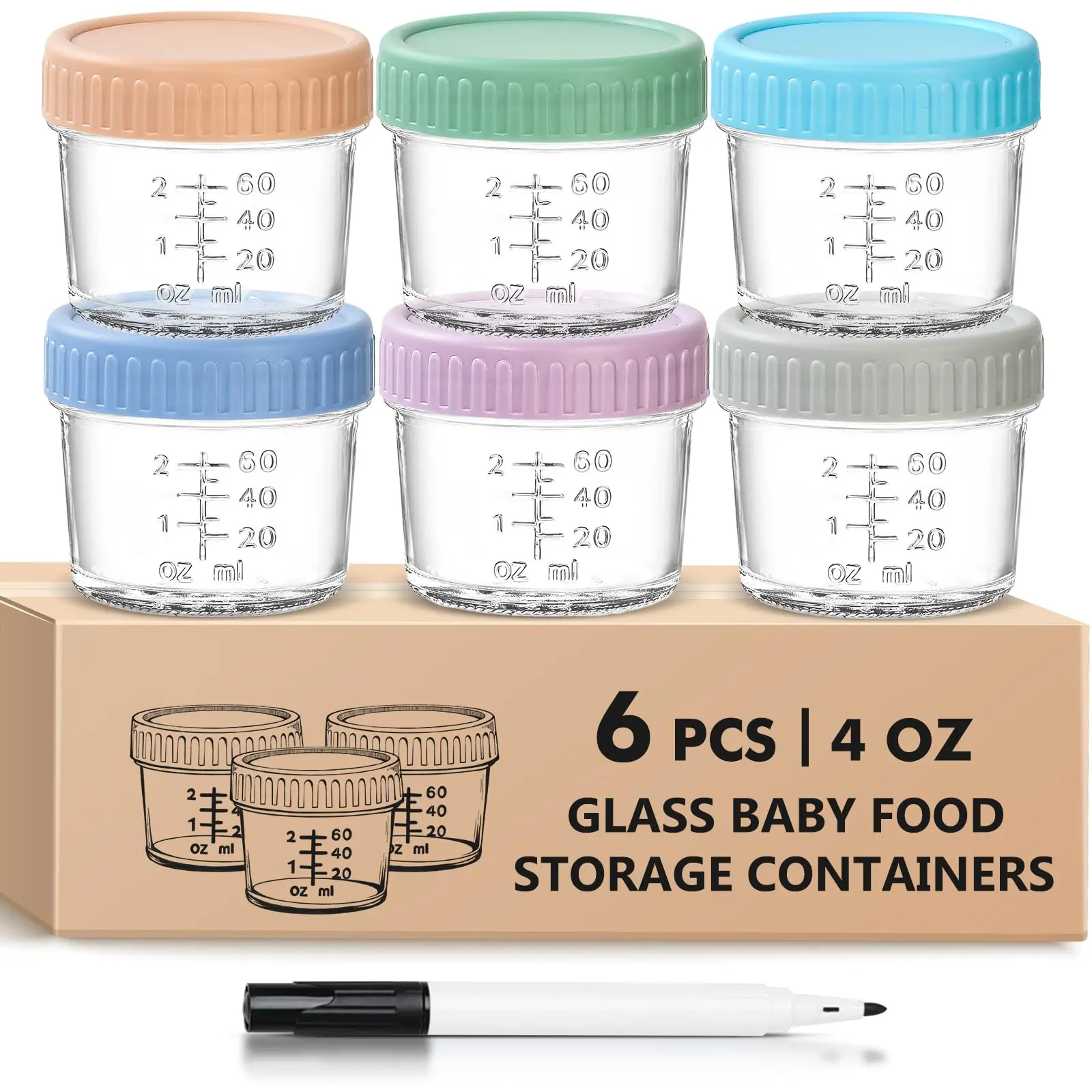 6 Pack Glass Baby Food Storage Containers - 4 Oz Baby Food Jars with Lids Baby Food Maker Microwave Dishwasher Freezer Safe 100% Leak Proof BPA Free Reusable