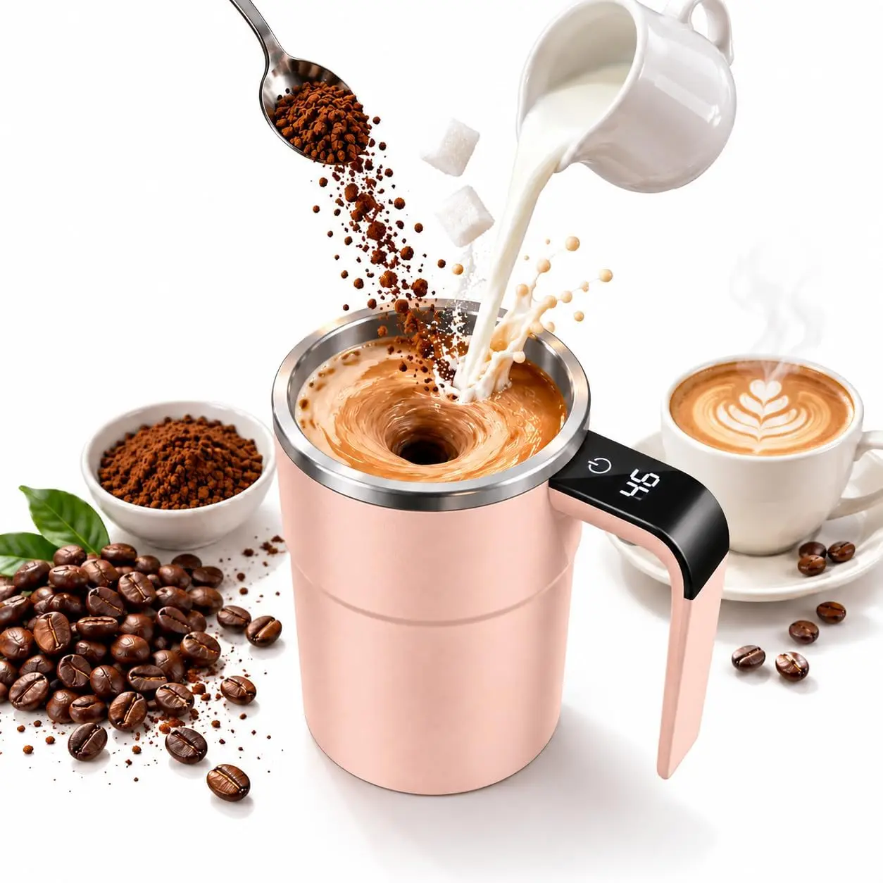 13oz Compact Smart Magnetic Auto-Stir Coffee Mug - Button Control, Real-Time Temp Display, 304 Stainless Steel Body, Anti-Scalding Reusable Cup Tumbler for Office, Home Use