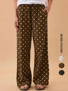 Women's Long Pants Casual Loose Belted Satin Polka Dot Wide Leg Pants Beach Travel Vacation Drawstring Waist Side Pockets Straight Leg Womenswear