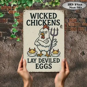 1pc Funny Wicked Chickens Lay Deviled Eggs Vintage Metal Tin Sign 12x8 Inch Retro Farmhouse Kitchen Wall Art Humorous Chicken Themed Decor Pre-Drilled Holes Durable Aluminum Egg Carton Design for Easter Halloween Easy to Clean