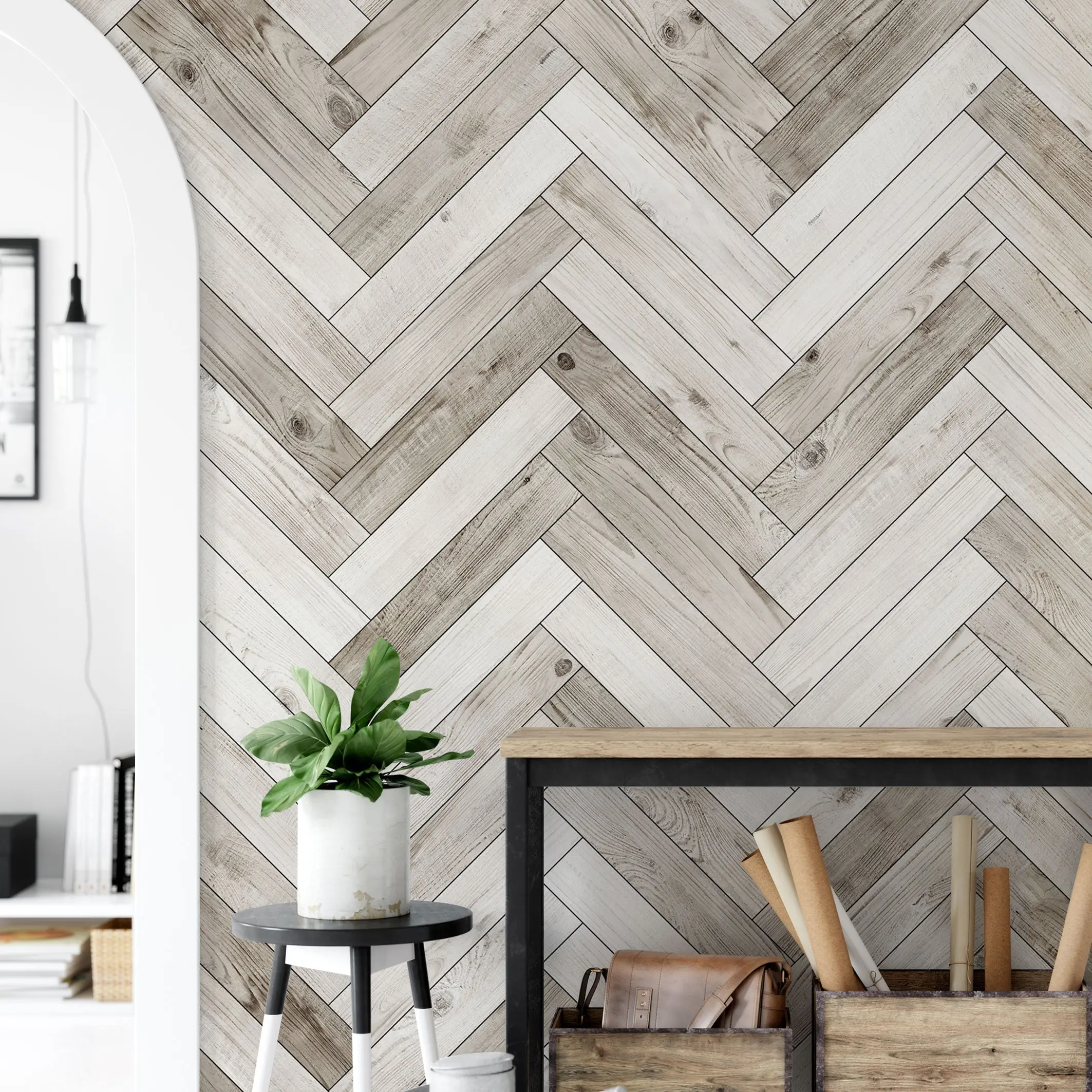 Herringbone Whitewashed Barn Wood Textured Peel-and-Stick Wall Mural Wallpaper, Renter-Friendly Accent Wall Solution for Home Rooms