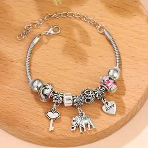 [A Pair Colorful Beads Pendant] A Pair Of Colorful Large Hole Beads And Rhinestone Large Hole Beads And Heart Large Hole Beads And Key Love Elephant Pendant Bracelet For Women Cute Fashion Jewelry Date Gift