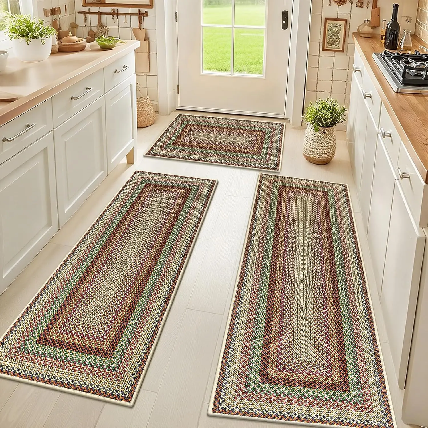 [Back to School] HEBEMAT Washable Kitchen Rugs Sets of 3, Non Slip Absorbent Kitchen Rugs and Mats, Farmhouse Stain Resistant Kitchen Mat Carpet Runner for Kitchen Floor, Laundry Room, Hallway