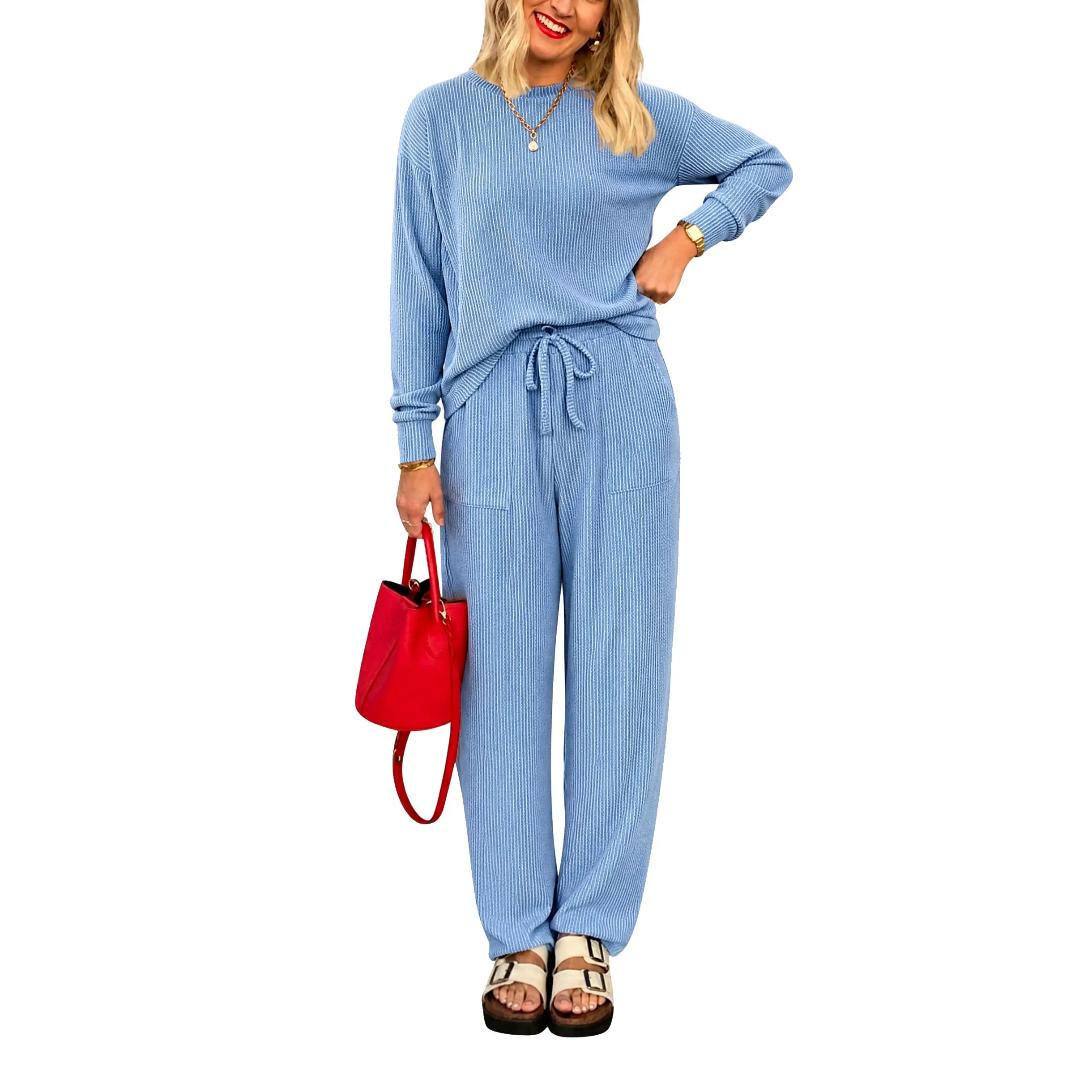 EncoLax Women's Two Piece Set Lounge Tracksuit Outfits Long Sleeve Tops Knitted Clothes Spring Sportswear Sporty Style Casual Leisure