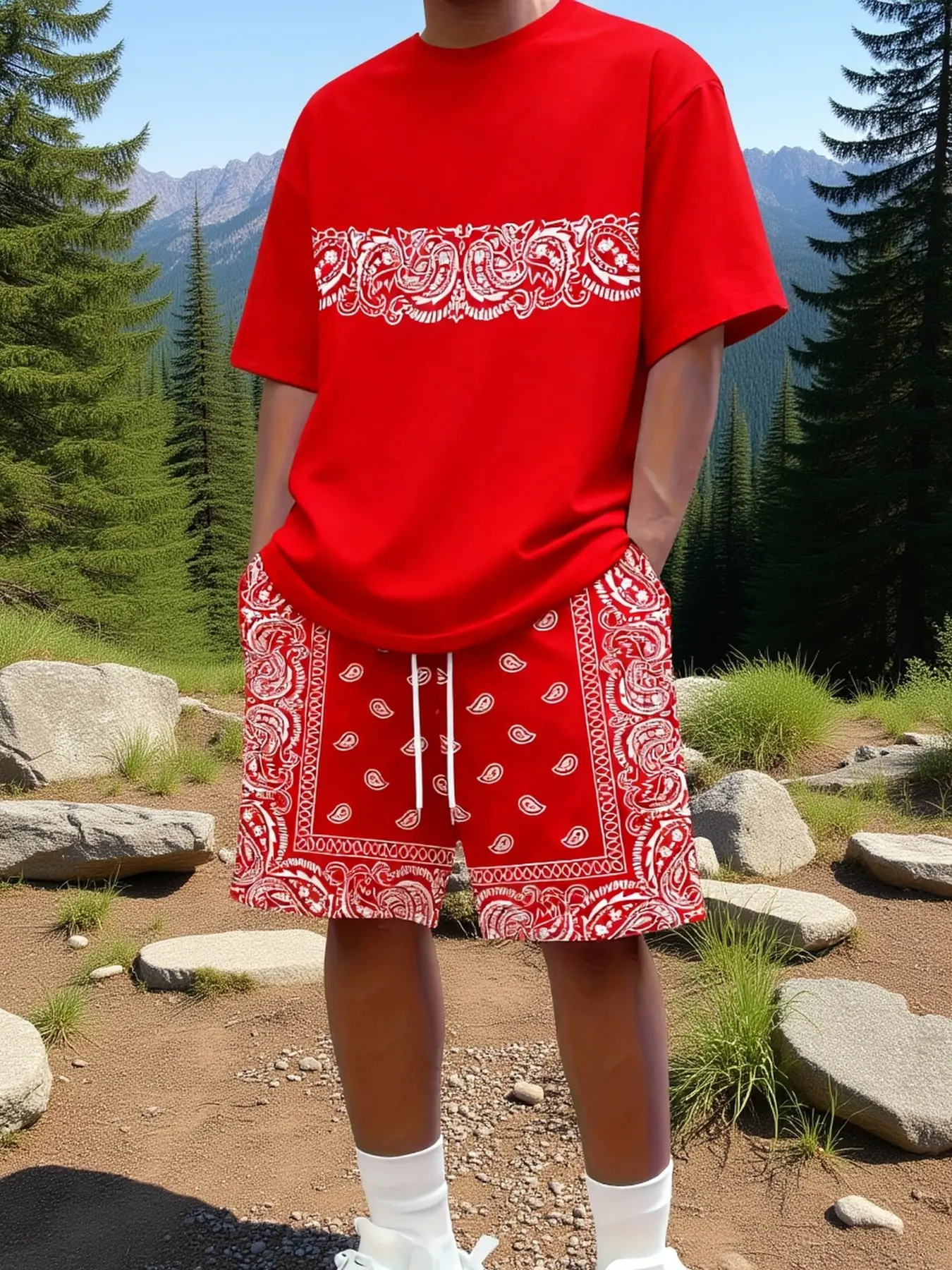 Men's Street Style Menswear Tropical Floral Print Round Neck T-Shirt + Drawstring Shorts Set, Summer Trendy Classic Casual Two-Piece Outfit, Fashionable Men's Clothing