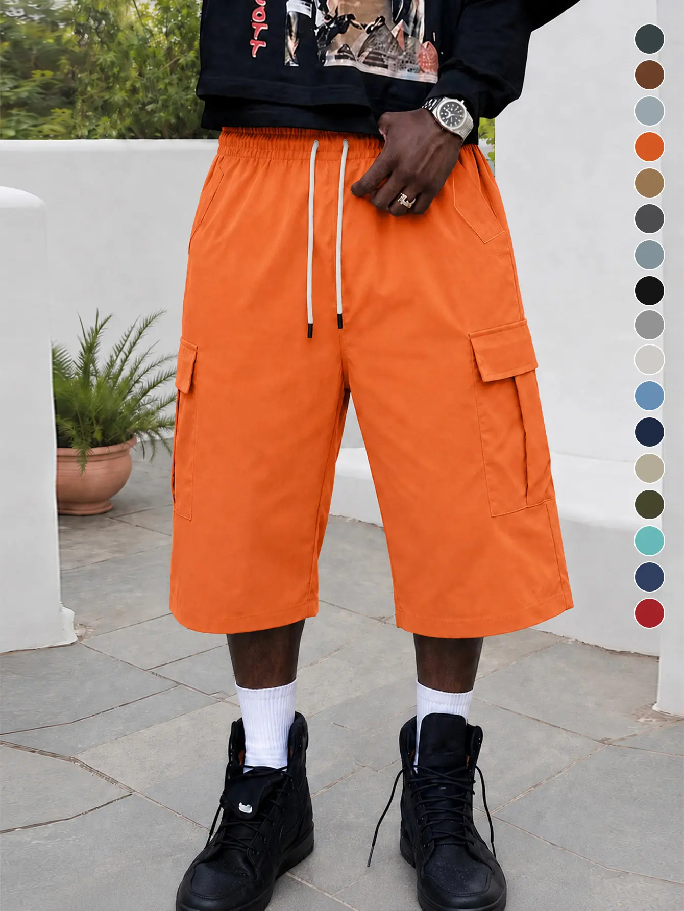 Men’s orange drawstring cargo shorts — multi-pocket, loose casual street American outdoor functional mid-length shorts