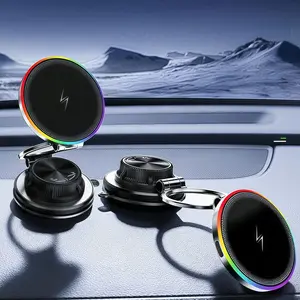 MagSafe magnetic wireless car charger with vacuum suction cup, foldable car phone holder, 15W fast charging, 360° rotation, RGB design, aluminum alloy material, suitable for dashboard and windshield mounting, compatible with iPhone and Android devices.