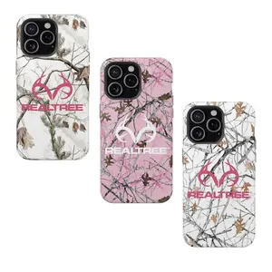 Realtree Camo Tough Phone Case for iPhone 15 14 13 12 11 Pro Max, Pink and White Camouflage, Stylish Deer Antler Logo, Shockproof Hunting Outdoor Design