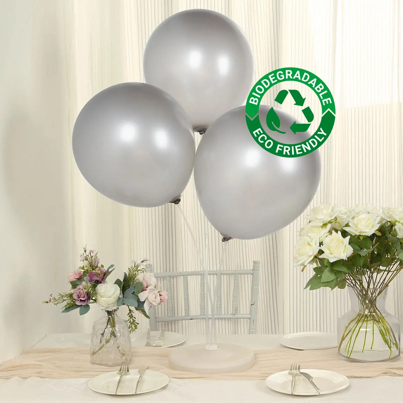 18" Metallic Silver Biodegradable Latex Chrome Balloons - 10-Pack Thick Decor for Ceiling Hang, Photo Booth Props, Baby Shower