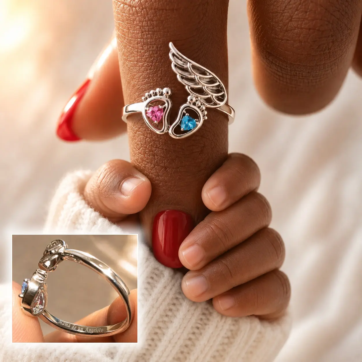 Virelyn B Angel Baby Memorial Ring for Mom, Pregnancy Loss Remembrance Gift, Miscarriage Sympathy Jewelry, Pink & Blue Baby Footprint Wings Ring, Adjustable Open Band, Rainbow Baby Keepsake Memory Gift for Women