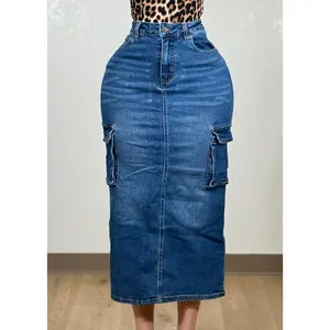 SAWYER BLUE DENIM STRETCHY HIGH WAISTED CARGO SKIRT