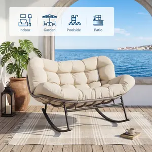 Garvee Papasan Rocking Chair Set with Ottoman – All-Weather Wicker Rattan Patio Recliner for 2 – Comfortable Cushions for Outdoor & Indoor Use – Ideal for Garden, Balcony, Porch, Living Room