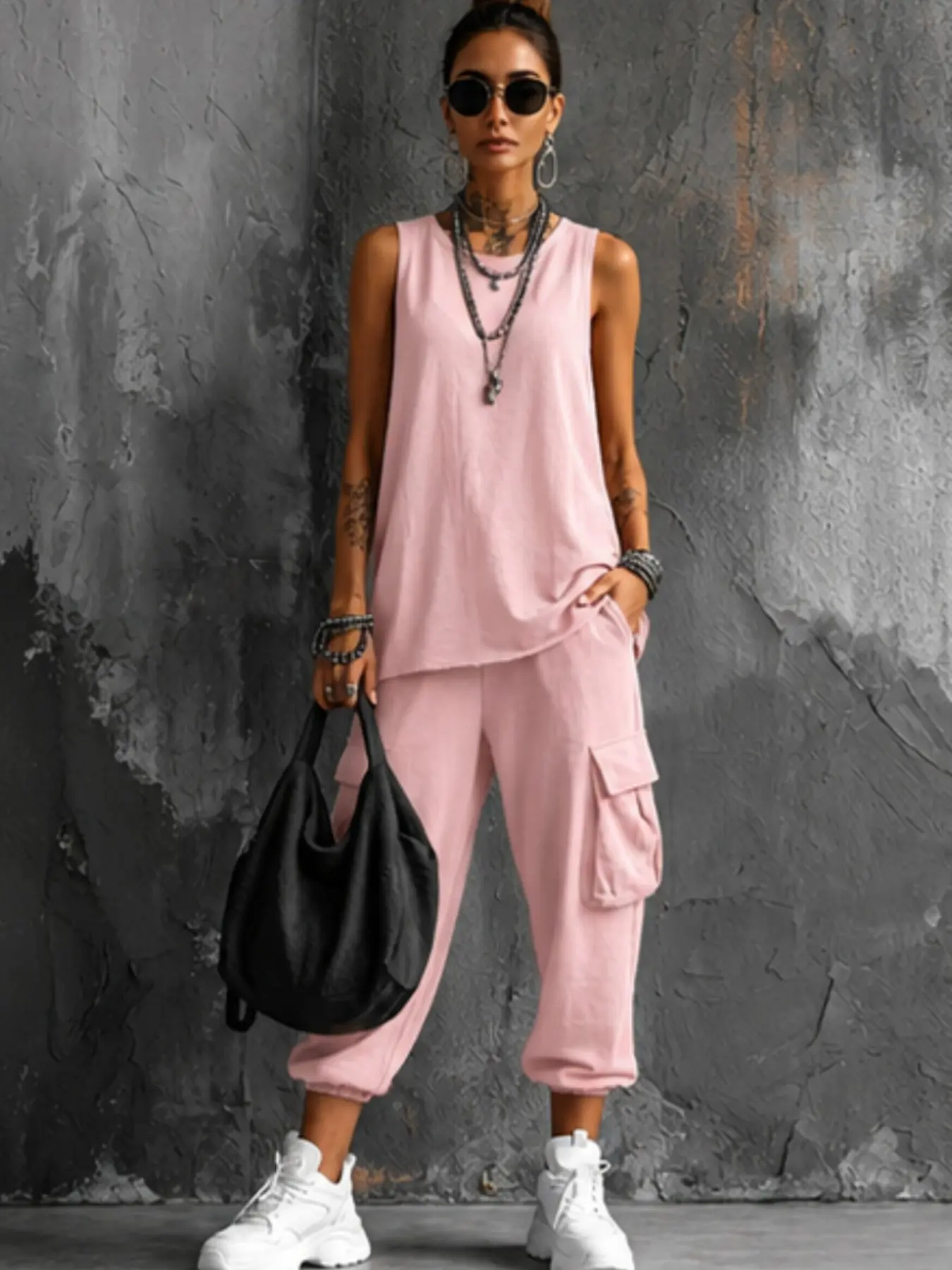 Women's 2 Piece Lounge Set, Sleeveless Tank Top & Cargo Jogger Pants, Casual Matching, Comfortable and Stylish Home Wear Loungewear