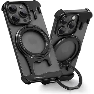 Liquid Metal Frameless Case for iPhone 13 14 15 16Promax with MagSafe Kickstand 360° Rotatable Ring Holder, Minimalist Aluminum Bumper Slim Hard Shockproof Ultra Thin for iPhone 13 14 15 16 Pro Max Case,black