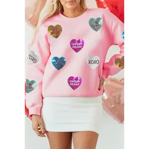 Valentine’s Day Sequin Heart Round Neck Long Sleeve Sweatshirt