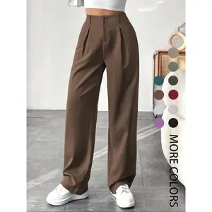Women's Solid Color Plicated Pocket Wide Leg Pants, Elegant Aesthetic Flattering Zipper Fly High Waist Trousers for Work Office Business, Ladies Spring & Fall Business Attire Clothes Bottom Womenswear