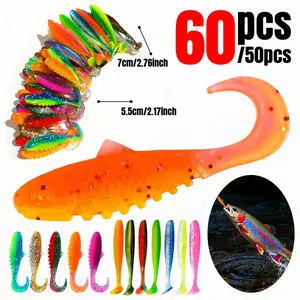 60pcs / 50pcs Mixed Color Fishing Lure Set Topwater Fishing Lure Paddle Tail Lures and T-Tail, 2 Size Combo Artificial Lure Set Essential for Fishing Enthusiasts Suitable for Freshwater and Saltwater