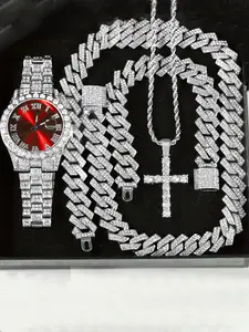 4-piece men's steel strap hip-hop Roman scale diamond inlaid calendar men's quartz Fashion Watch Set