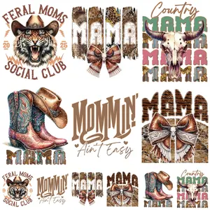 12 Piece Western Mom Vintage Pattern Heat Transfer Stickers, DIY Fashion Iron-On Patches for Clothes, Perfect for Hoodies, T-Shirts, Hats, Crafts