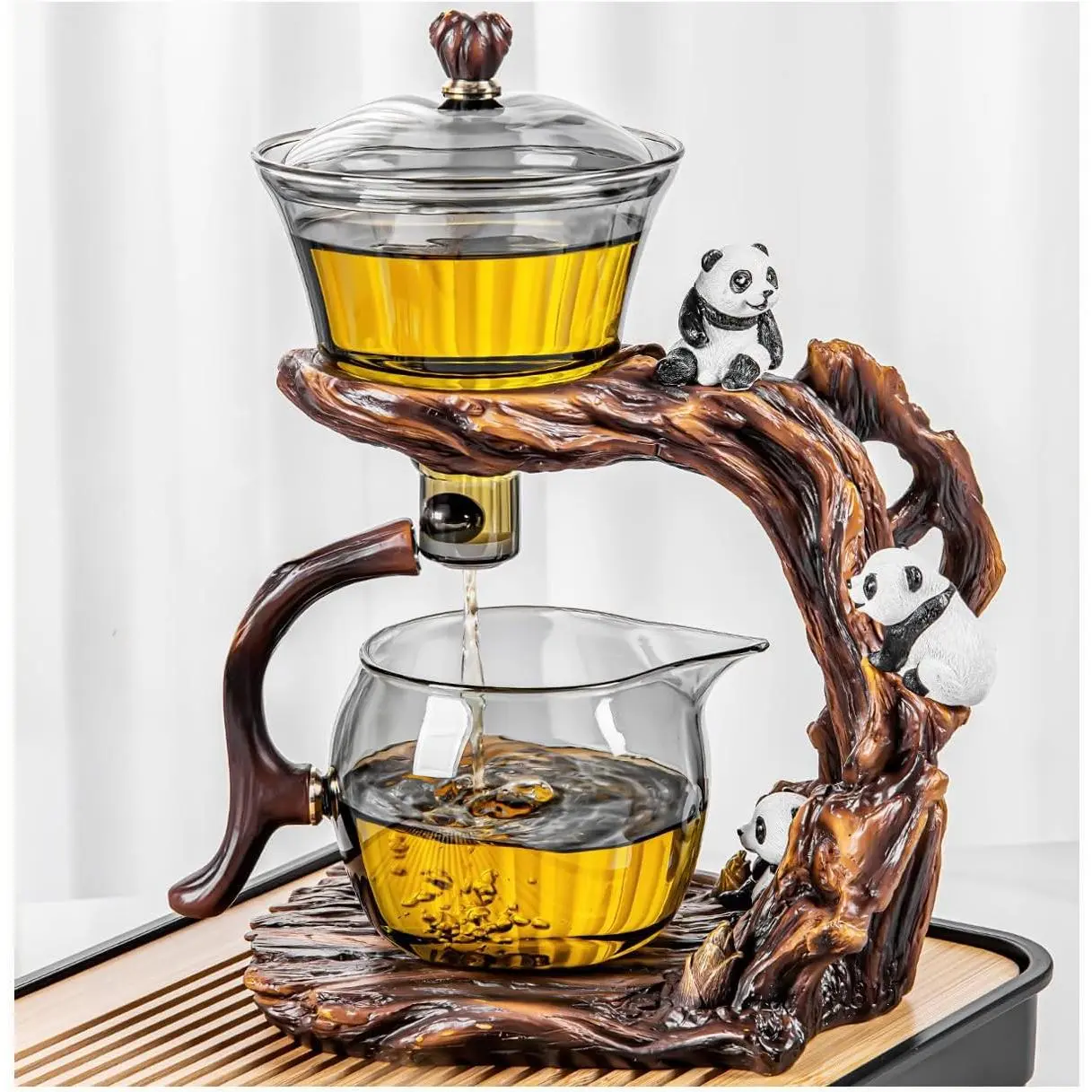 Semi-Automatic Lazy Kungfu Drip Teapot Set, 250ml Handcrafted Glass-Wood Kitchenware, Heat-Resistant Magnetic Pouring Glass Teapot with Infuser and Strainer for Effortless Brewing, Teapot With Strainer