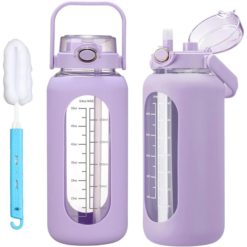 【WINSA】 64oz Glass Water Bolttles with Straw Half Gallon Large Motivational Water Bottle with Time Marker Sports Water B