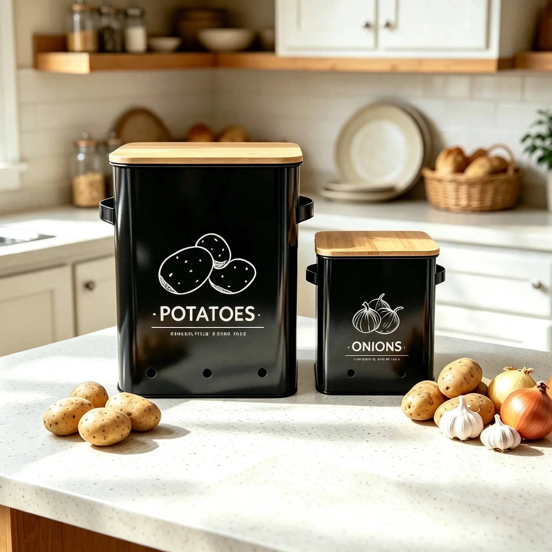 2 Pack Potato and Onion Storage Bins, Metal Kitchen Canisters with Bamboo Lid & Breathable Vent Holes, Vegetable Storage Containers with Side Handles for Pantry & Countertop