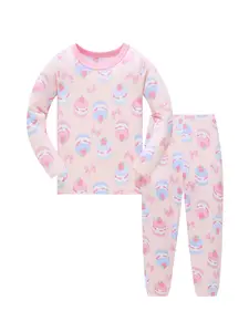 Girls' Strawberry Macaron Pajama Set, Long Sleeve Cartoon Cake Print, Cute Fitted Home Wear, All Seasons Comfortable Sleepwear, Fitted Pajamas