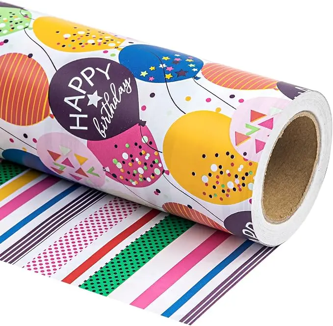 WRAPAHOLIC Reversible Birthday Wrapping Paper Roll, 17 Inch x 33 Feet Double-Sided Gift Wrap with Colorful Balloons, Ice Cream,Gift Boxes,Confetti and Happy Birthday Designs,Cute Party Wrapping Paper for Kids Girls Boys, Holiday Celebration,Birthday Gifts