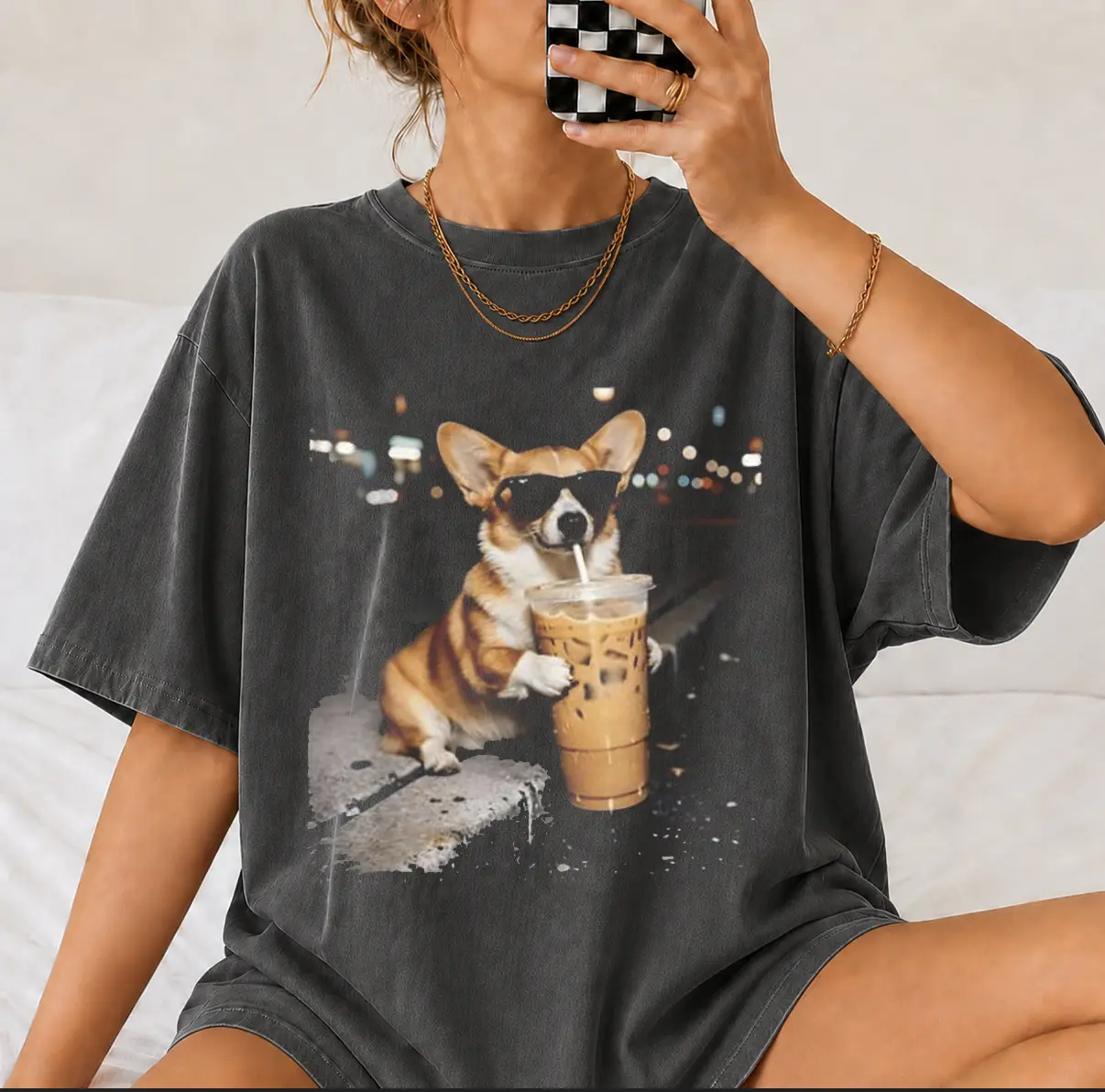 Comfort Colors Funny Corgi Drinking Iced Coffee T-shirt, Vintage Corgi Dog Shirt, Corgi Mom Gifts, Corgi Dad Unisex Tee, Dog Lover Gifts