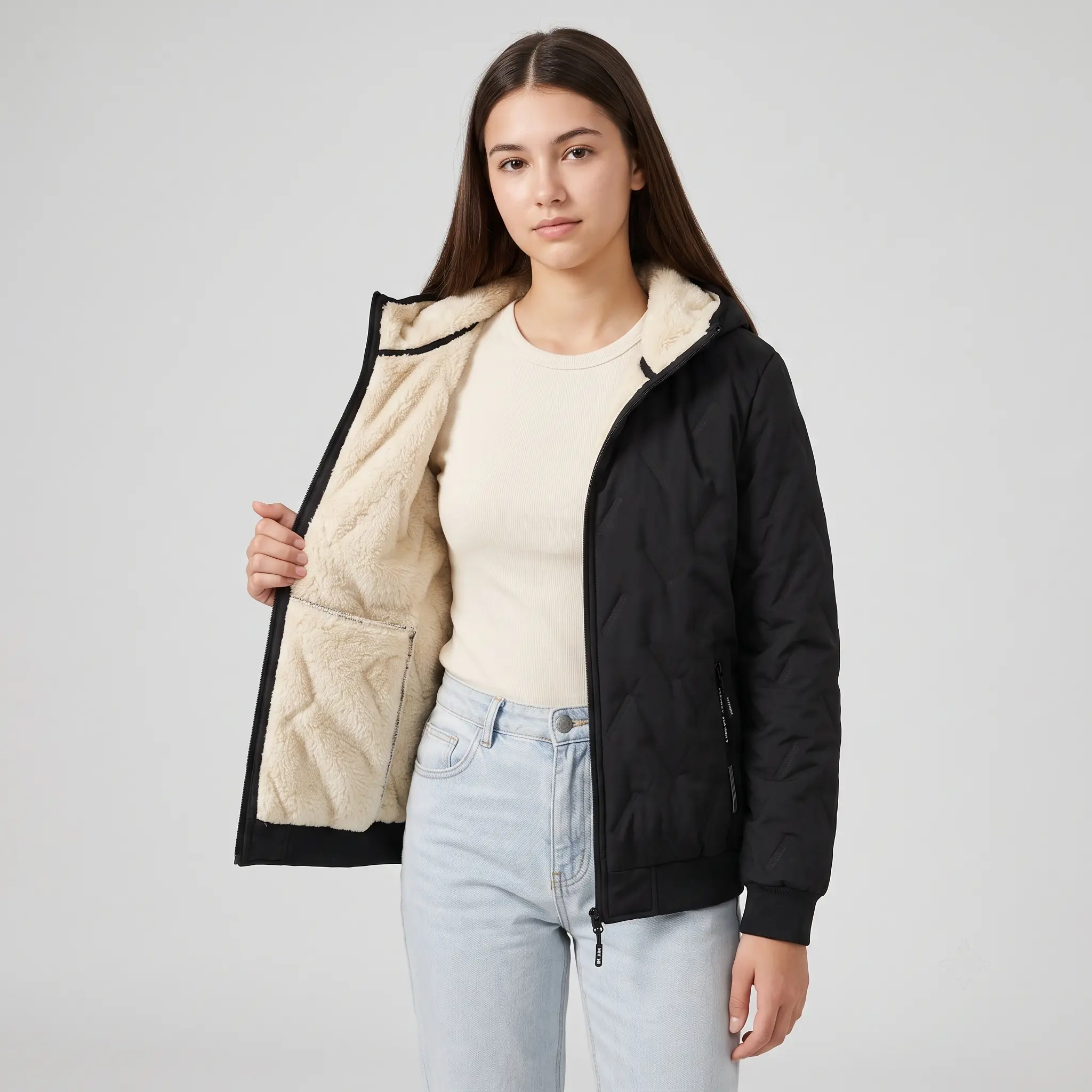 Women's Fleece-Lined Hooded Polyester Jacket, Warm Plain Winter Windproof Zip-Up Outerwear with Pockets, Machine Washable