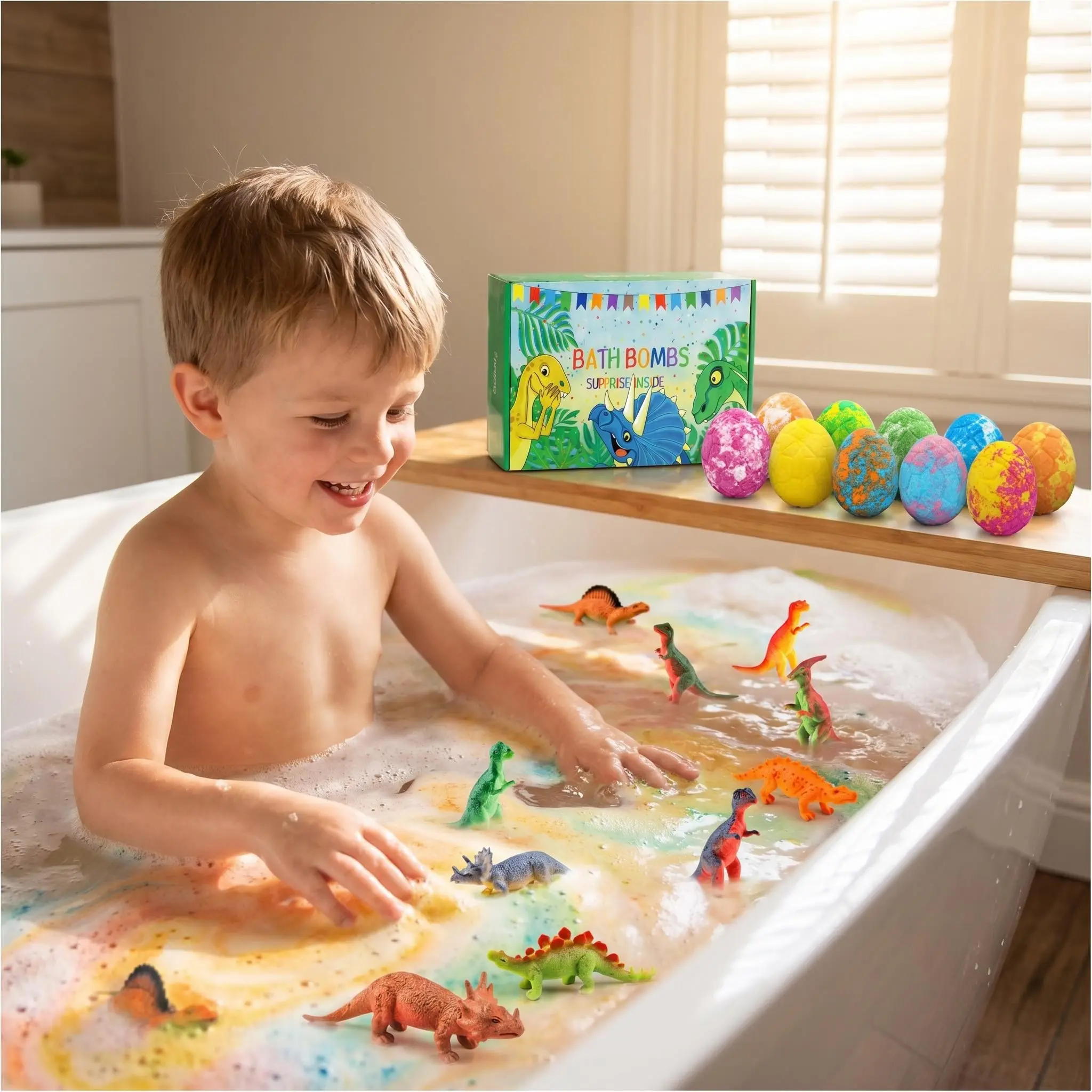 12-Pack Kids' Bath Bombs with Surprise Dinosaur - Organic & Gentle Formula with Bilberry, Colorful Bath Products for All Skin Types, Kid’s Bath
