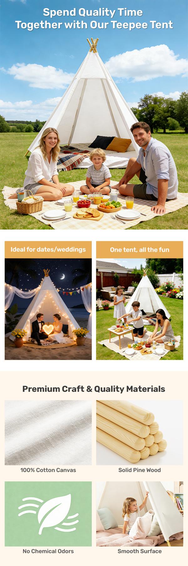 7ft White Teepee Tent for Adults & Kids, Canvas 5-Sided Tent with Carry Bag, Indoor Outdoor Use for Valentine's Day, Party, Wedding, Photo Prop
