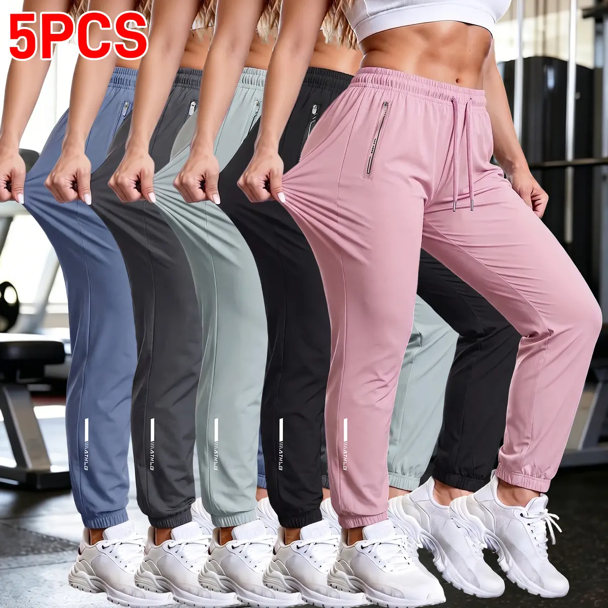 5PCS Women’s Cool Fiber Full-Length Pants – Summer sports pants with zippered pockets, drawstring waist, and rolled hem at the bottom, suitable for sports, gym, and beach wear