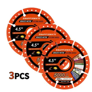 SNAPFIXMATE 3PCS 4.5"Multi-Material Cutting Blades -Dry Cut Metal, Tile,Stone & Plastic -Angle GrinderSaw Blades for Alloy, Cast lron & Marble (115mm)Tool Accessories,Cut Off Wheel with 5000+ Cuts for Rebar, Steel, Iron and INOX