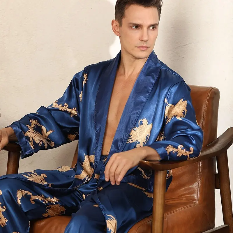 Luxury Silk Robe Pants Pajama Set Two-piece Imitate Silk Long-sleeved Pajamas Large Size Bathrobes Robe Sets For Men Clothing