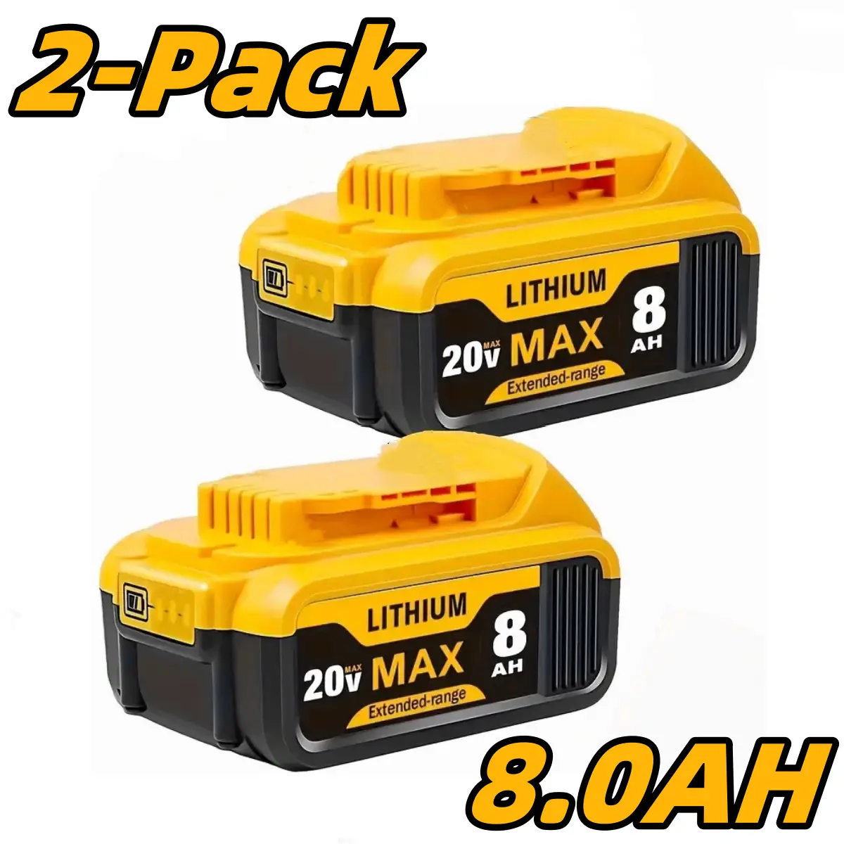 2-Pack 8Ah Rechargeable Li-ion Battery for DeWalt 20V Max | LED power gauge & multi safety protection Smart cell with long cycle life Triple-level battery indicator