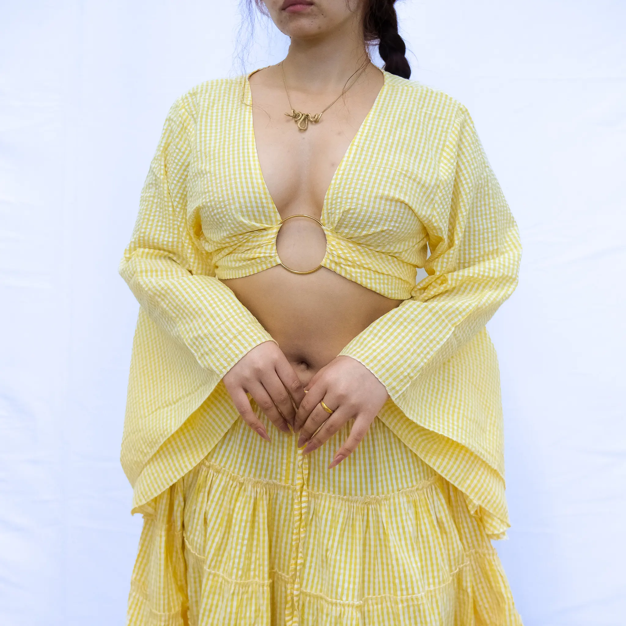 Gingham Bell Sleeve Wrap Top, Versatile Cotton Wrap Top, Flowy Summer Blouse, Fairy core Top, Cotton Crop Top, Pink Green Yellow Festival Top, Cottage core Fashion