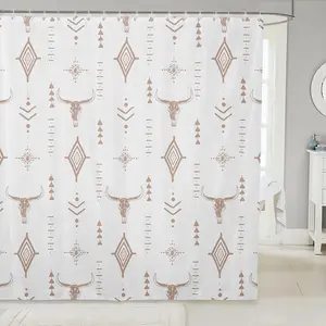 Feelyou Aztec Decorative Shower Curtain - Washable Waterproof Polyester Digital Print, Western Skull & Abstract Horns Art, White Retro Minimalist Symbol, Multi-Size Bathtub & Stall Fit, C-Hooks Included, Funky Bathroom Stall Curtain, Home Accessories, Bat