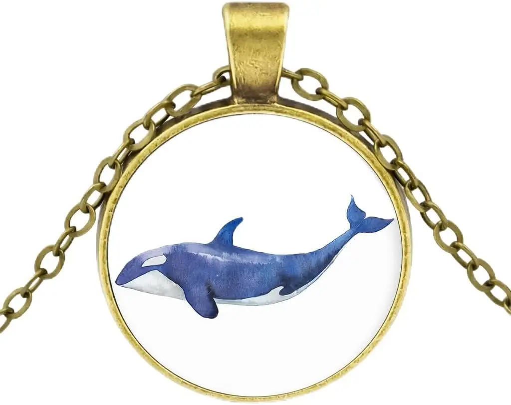 SUPAC Orca Whale Pendant Necklace - Bronze-Plated Stainless Steel, Glass, Ocean-Inspired Necklaces, 0.98 Inches Diameter, Casual, Hypoallergenic, Killer Whale Illustration, Daily, Metal Coating, Statement Necklaces, Adjustable