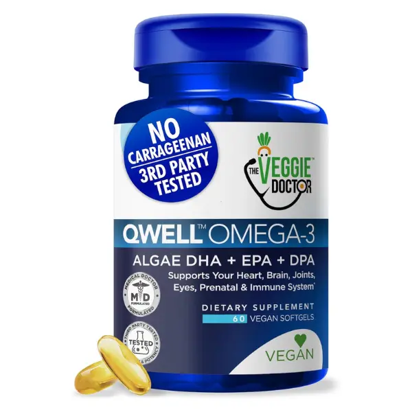 The Veggie Doctor QWELL Vegan Omega-3 Algae Oil Dietary Capsules - Algae-Sourced, High-Potency DHA-EPA-DPA, Carrageenan-Free, Immune & Heart Support, Brain Health, Fishy Aftertaste-Free, 60-120-180 Vegan Softgels (60 Count Option Available)
