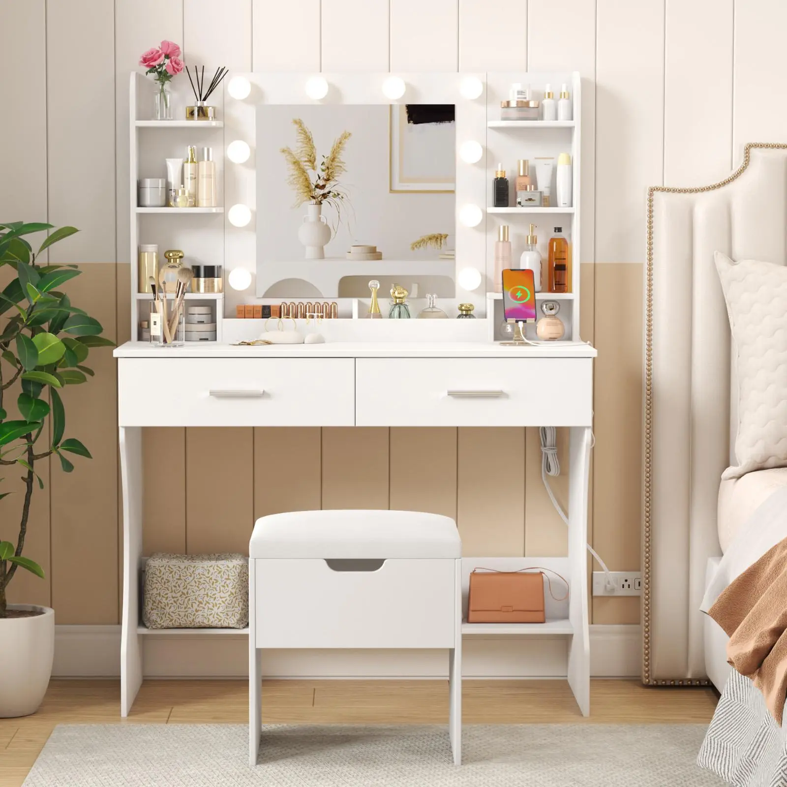 Lifewit 31.5"/35.4"/38.6" Vanity with Mirror, Adjustable Brightness, Makeup Desk with 2 Drawers & Stool for Bedroom Bathroom Makeup Room Mothers Day Gifts