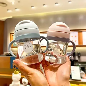 Cute cartoon water bottle with tube, graduated sippy cup, 250ml（8.45oz）, Flip Lid Bottle
