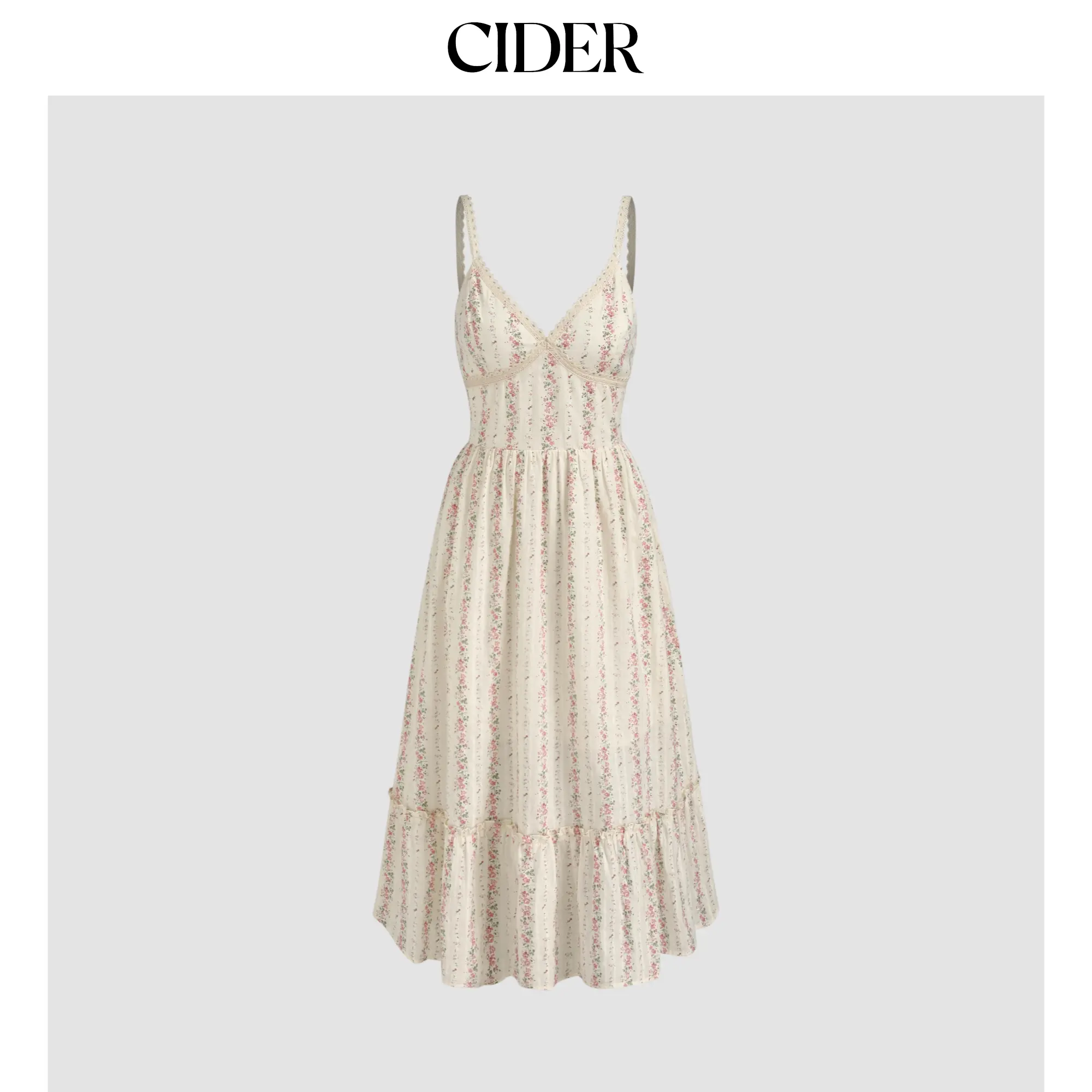 Cider Women's Breathable Cotton V-Neck Floral Shirred Maxi Dress with Lace Binding & Double-Lined A-Line Silhouette, Wedding Guest Summer Dress with Flounce Hem for Spring Weddings & Garden Party Events