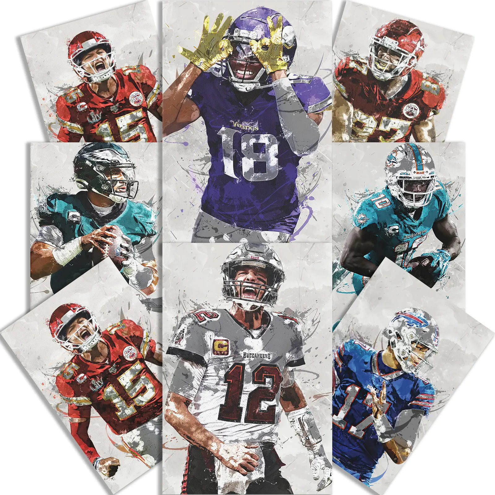 8pcs 8x12in Unframed Football Canvas Poster Set - NFL Stars Jefferson, Brady, Hurts, Mahomes, Burrow, Allen, Kelce, Hill for Boys' Bedroom Wall Decoration & Gifting Occasions
