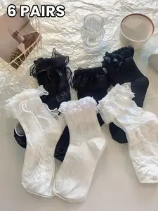 6 Pairs Lace Trim Mid-Calf Girl Socks, Sweet Cute Lolita Style, Aesthetic Mesh Bow Design, Soft Breathable Fabric, Perfect for Jk and Small Shoes